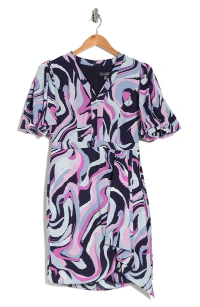 Nicole Miller Women's Puff Sleeve Swirl Print Dress In Deep Navy