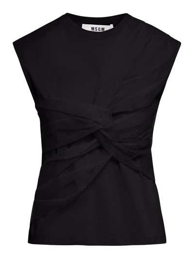 Msgm Sleeveless Tulle-detail Cotton Top In Black2