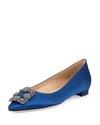 Manolo Blahnik Hangisi Crystal-embellished Satin Point-toe Flats In Blue