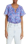 Isabel Marant Floral Keyhole Ruffled Sleeve Top In Blue