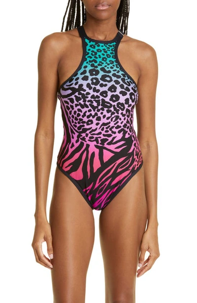 Attico Animal Print Racerback Swimsuit In Multicolor Technical Fabric Woman
