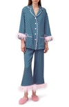 Sleeper Party Pajama Set With Double Feathers In Navy
