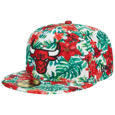New Era Chicago Bulls Tropical Hibiscus 59fifty Fitted Hat In White