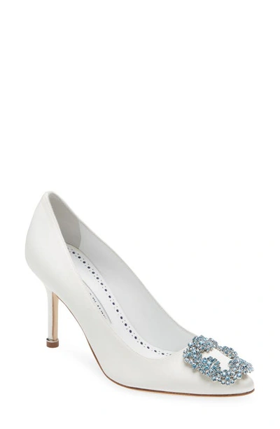 Manolo Blahnik Hangisi Blue Buckle Pump In Cream