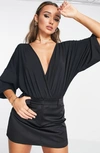 Asos Design Wrap Bodysuit With Angel Sleeve In Black In Black