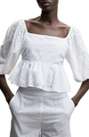 Mango Eyelet Puff Sleeve Peplum Blouse In White