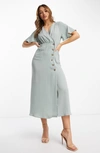 Asos Design Wrap Button Skirt Midi Dress With Pocket Detail In Duck Egg-blue In Medium Blue
