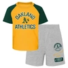 OUTERSTUFF INFANT GOLD/HEATHER GRAY OAKLAND ATHLETICS GROUND OUT BALLER RAGLAN T-SHIRT AND SHORTS SET