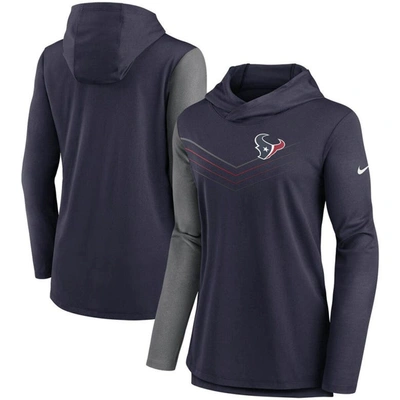 Nike Women's  Navy, Heathered Charcoal Houston Texans Chevron Hoodie Performance Long Sleeve T-shirt In Navy,heathered Charcoal