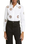 ALICE AND OLIVIA FINLEY EMBROIDERED CUTOUT BUTTON-UP SHIRT
