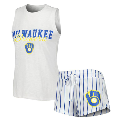 Concepts Sport Women's  White Milwaukee Brewers Reel Pinstripe Tank Top And Shorts Sleep Set
