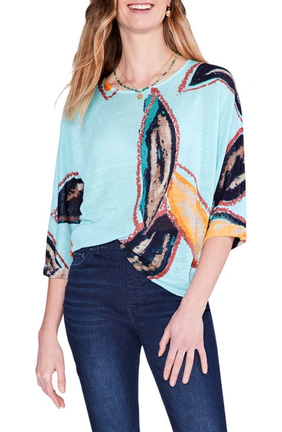 Nic + Zoe Petite Grove Abstract-print 3/4-sleeve Sweater In Blue