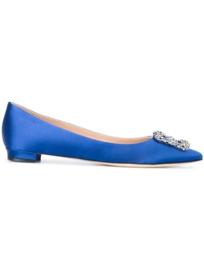 Manolo Blahnik Hangisi Crystal-embellished Satin Point-toe Flats In Blue