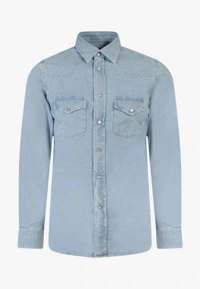 Tom Ford Slim Fit Cotton Denim Western Shirt In Light Blue