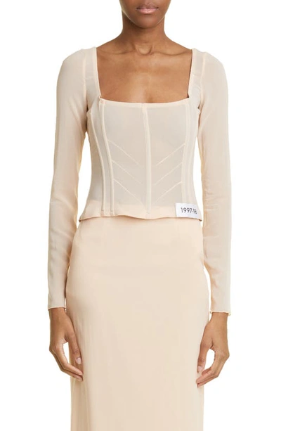 Dolce & Gabbana Square-neck Long-sleeve Sheer Corset Top In Neutral