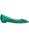 Manolo Blahnik Hangisi Crystal-embellished Satin Point-toe Flats In Green