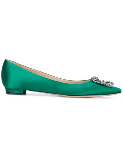 Manolo Blahnik Hangisi Embellished Satin Point-toe Flats In Emerald