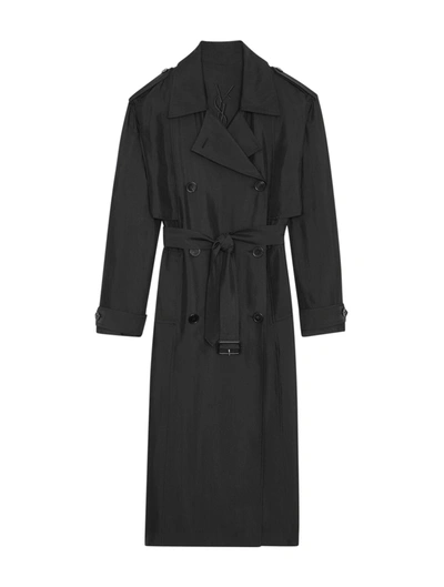 Saint Laurent Trench Coat In Silk Satin In Noir