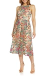 ADRIANNA PAPELL FLORAL EMBROIDERED FIT & FLARE MIDI DRESS