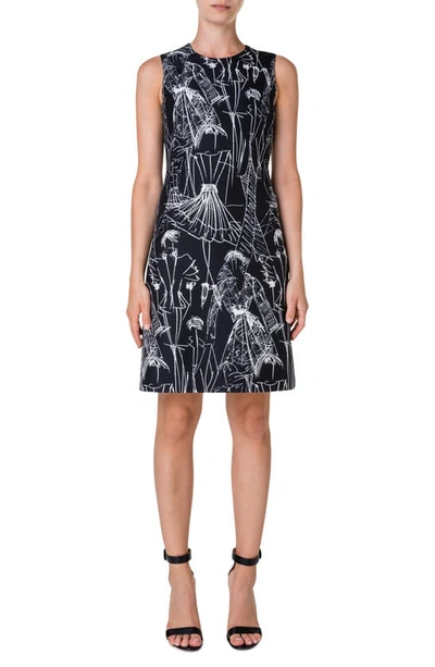 Akris Croquis Printed Sheath Dress In Black Ecru