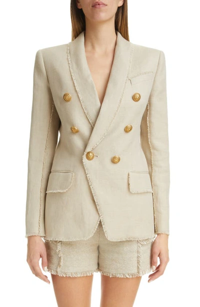Balmain Fringed Linen Jacket With Shawl Collar In Beige