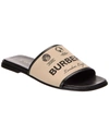 Burberry Label-print Gabardine Leather Slides In Beige