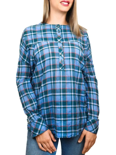 BEACHLUNCHLOUNGE MIA PUCKER WOMENS PLAID ROUND NECK TUNIC TOP