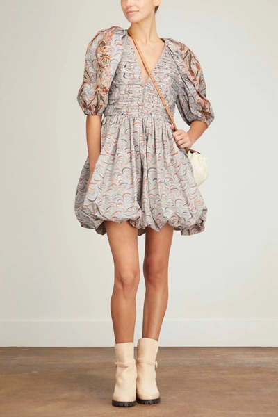 ULLA JOHNSON GWEN V-NECK PUFF SLEEVE PLEATED MINI DRESS IN CHALCEDONY