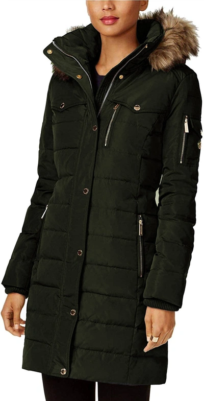 MICHAEL KORS DOWN FILL FAUX FUR HOOD 3/4 PUFFER COAT IN DARK MOSS