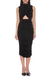 ALEXIA ADMOR KHLOE SLEEVELESS RUCHED CUTOUT MIDI DRESS