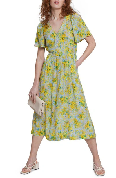 & Other Stories Floral Print Flutter Sleeve Dress In Blue Yellow Floral Miranda Aop