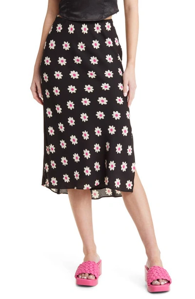 Bp. Floral Print Side Slit Midi Skirt In Black- Pink Daisy Dots