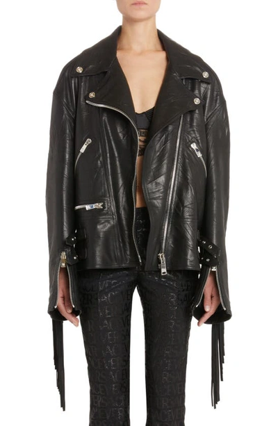 Versace Leather Fringed Biker Jacket In Black