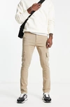 Asos Design Skinny Smart Pants With Cargo Pocket In Stone-neutral In Beige