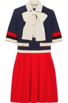GUCCI BOW-DETAILED RIBBED KNIT-TRIMMED PLEATED STRETCH-CREPE MINI DRESS