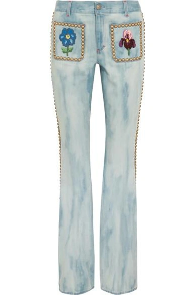 Gucci Studded Embroidered Mid-rise Flared Jeans In Blue