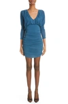 Saint Laurent Long Sleeve Ruched Mini Dress In Blue