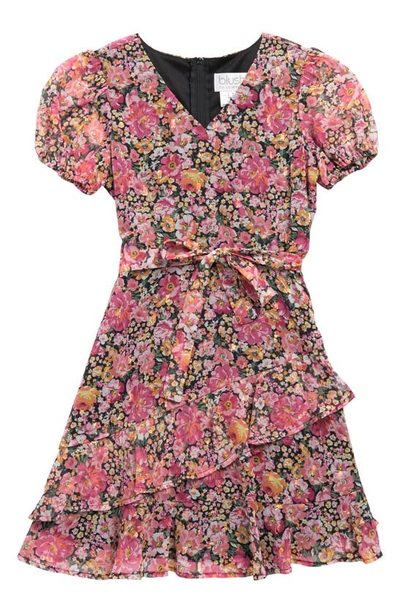 Blush By Us Angels Kids' Girl's Floral Chiffon Faux Wrap Dress In Black Multi