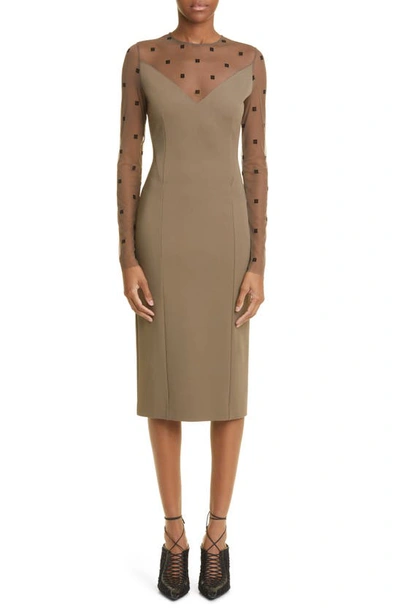 Givenchy 4g Mixed Media Long Sleeve Midi Dress In Dark Khaki