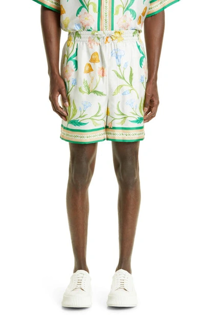 Casablanca Straight-leg Floral-print Silk-twill Shorts In White,multicolor