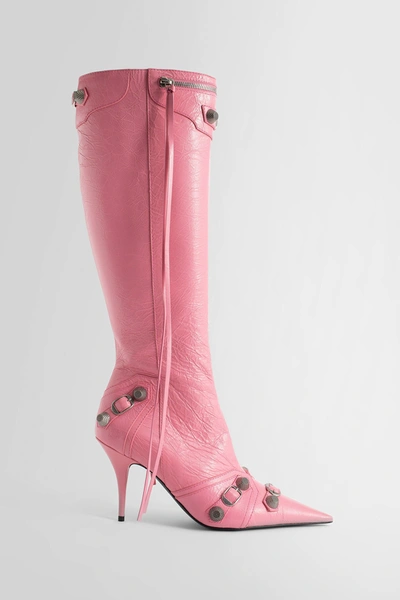 Balenciaga Cagole Embellished Textured-leather Knee Boots In Pink