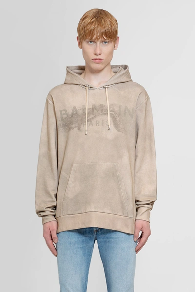 Balmain Desert Logo Printed Hooded Sweatshirt In Beige