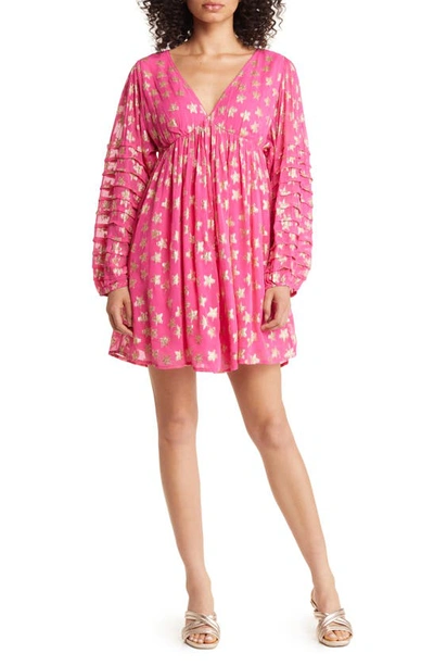 Ciebon Sallie Metallic Star Print Long Sleeve Minidress In Neon Pink