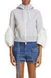 Sacai Sponge & Nylon Twill Zip Hoodie In Light Gray