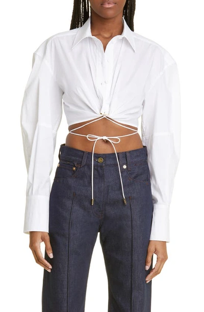 Jacquemus Plidao Cropped Embellished Cotton-blend Poplin Shirt In White