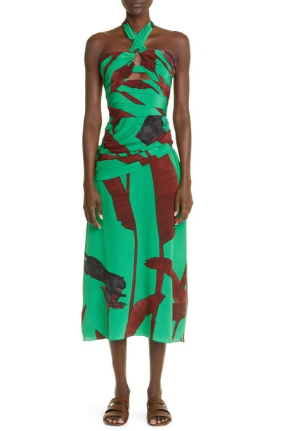 Johanna Ortiz Tasteful Sunrise Palm-print Silk Midi Dress In Musa Forest Green/ Pecan