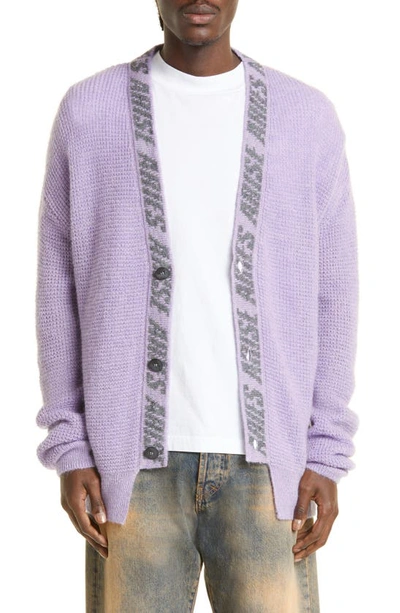 Aries Logo Jacquard Waffle Stitch V-neck Cardigan In Purple