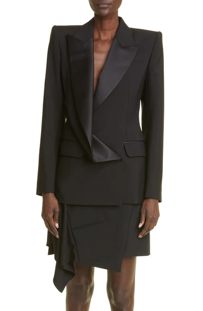 Alexander Mcqueen Asymmetric Drape Front Wool Tuxedo Jacket In Black