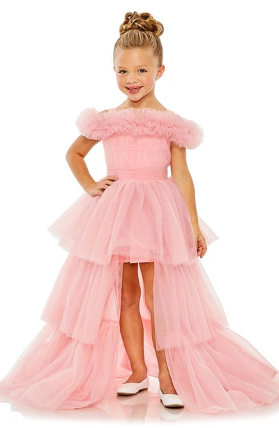 Mac Duggal Kids' Girls Off The Shoulder High-low Tulle Dress In Pink