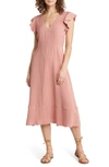 Treasure & Bond Flutter Sleeve V-neck Midi Dress In Pink Desert